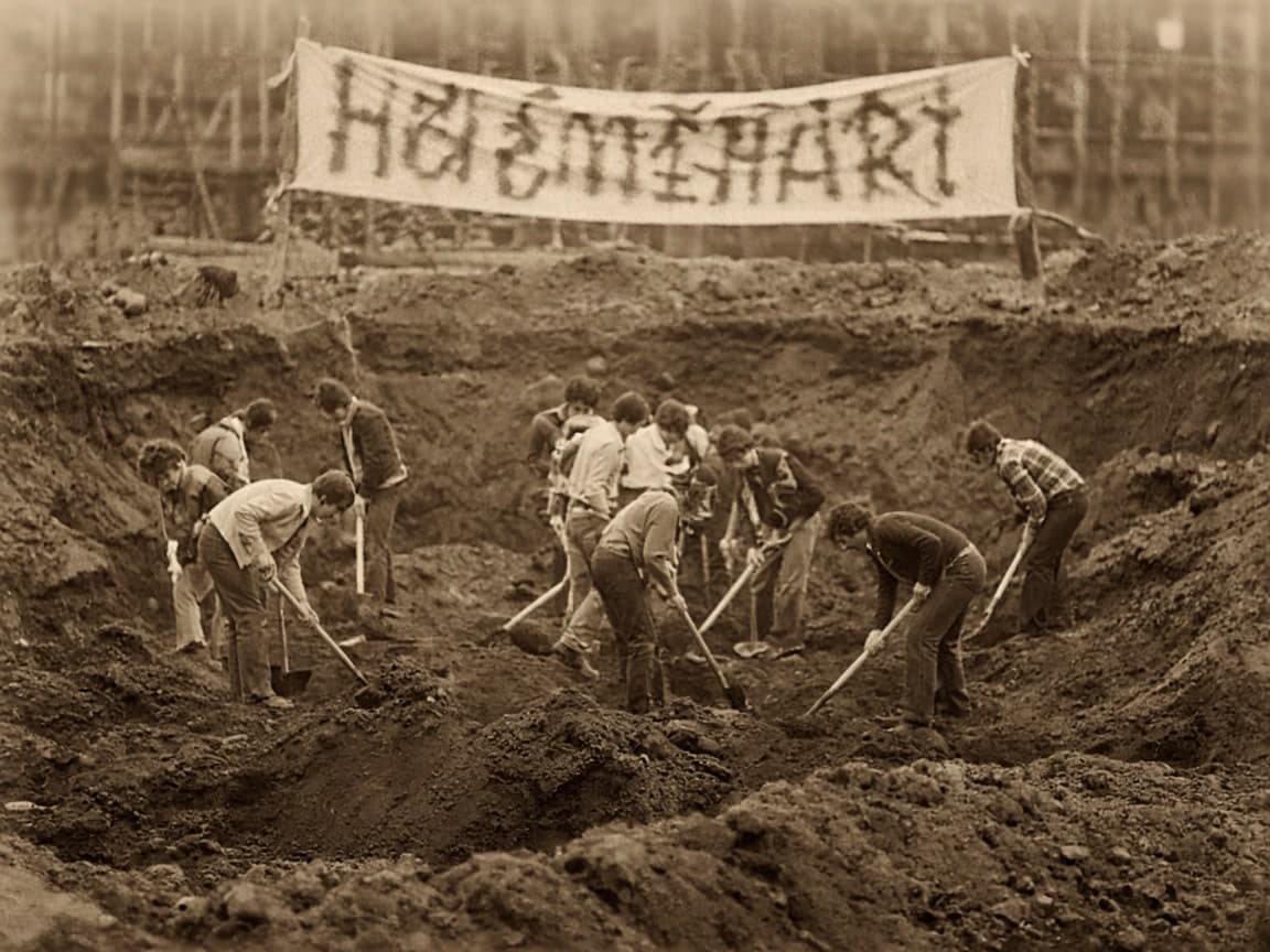 Студенты с лопатами на стройке — иллюстрация